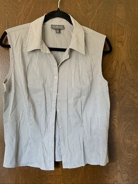Classiques Entier Sleeveless Pinstripe Dress Shirt - White & Light Blue